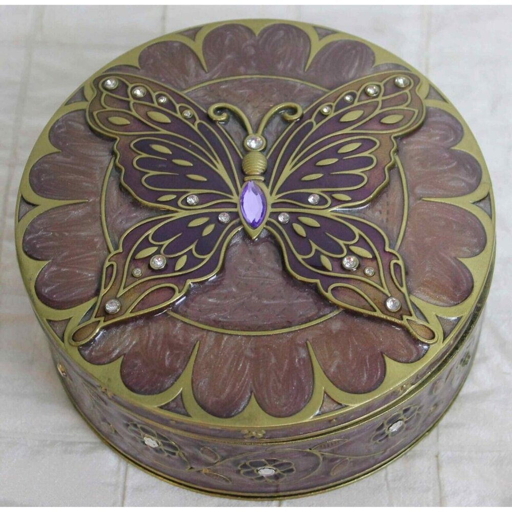 Butterfly Cloisonné Trinket Round Box Rhinestone Mirror Lid Shimmer Flower Ename